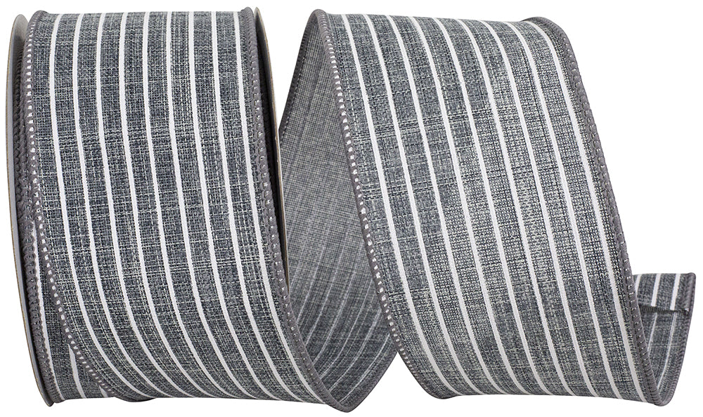 Grey 2-1 2 Inch Thin Stripe Linen Solid Wired Edge Ribbon for Wreaths & Bows