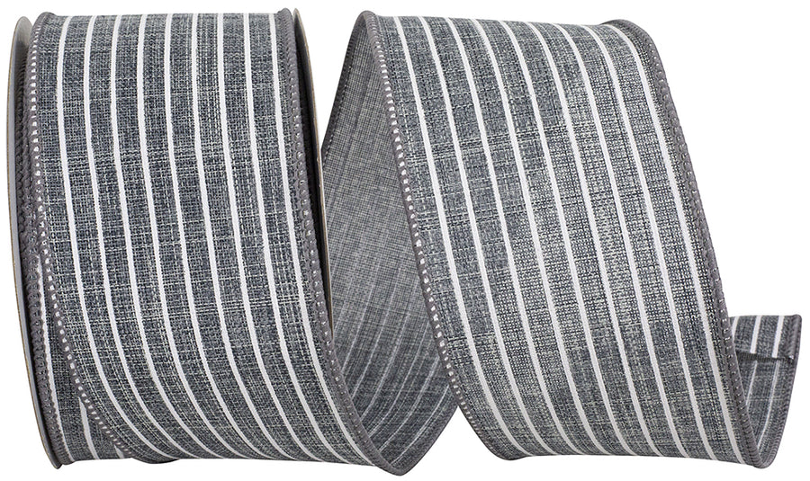 Grey 2-1 2 Inch Thin Stripe Linen Solid Wired Edge Ribbon for Wreaths & Bows