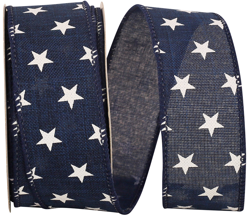 Navy 1-1 2 Inch Stars Tossed Linen Wired Edge Ribbon for Wreaths & Bows