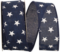 Navy 1-1 2 Inch Stars Tossed Linen Wired Edge Ribbon for Wreaths & Bows