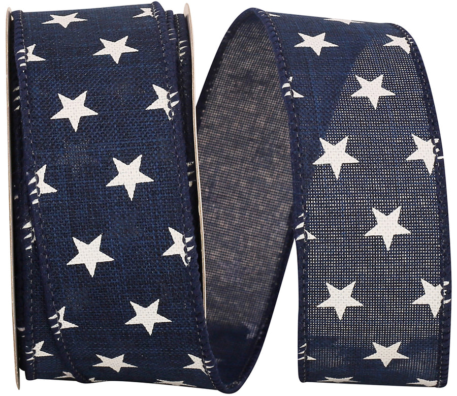 Navy 1-1 2 Inch Stars Tossed Linen Wired Edge Ribbon for Wreaths & Bows