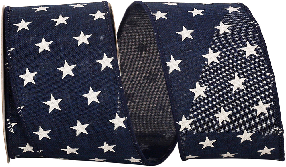 Navy 2-1 2 Inch Stars Tossed Linen Wired Edge Ribbon for Wreaths & Bows
