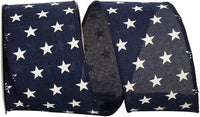Navy 2-1 2 Inch Stars Tossed Linen Wired Edge Ribbon for Wreaths & Bows