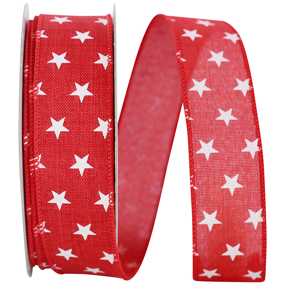 Red 1-1 2 Inch Stars Tossed Linen Wired Edge Ribbon for Wreaths & Bows