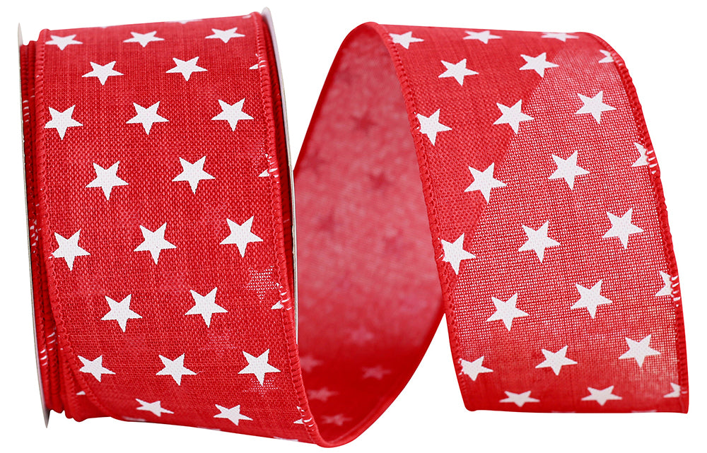 Red 2-1 2 Inch Stars Tossed Linen Wired Edge Ribbon for Wreaths & Bows