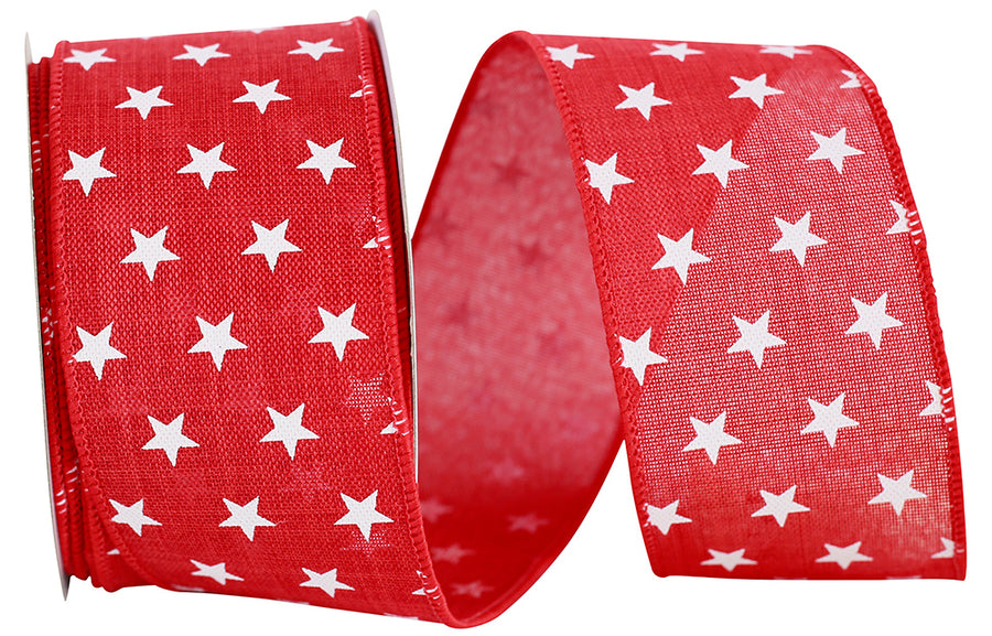 Red 2-1 2 Inch Stars Tossed Linen Wired Edge Ribbon for Wreaths & Bows