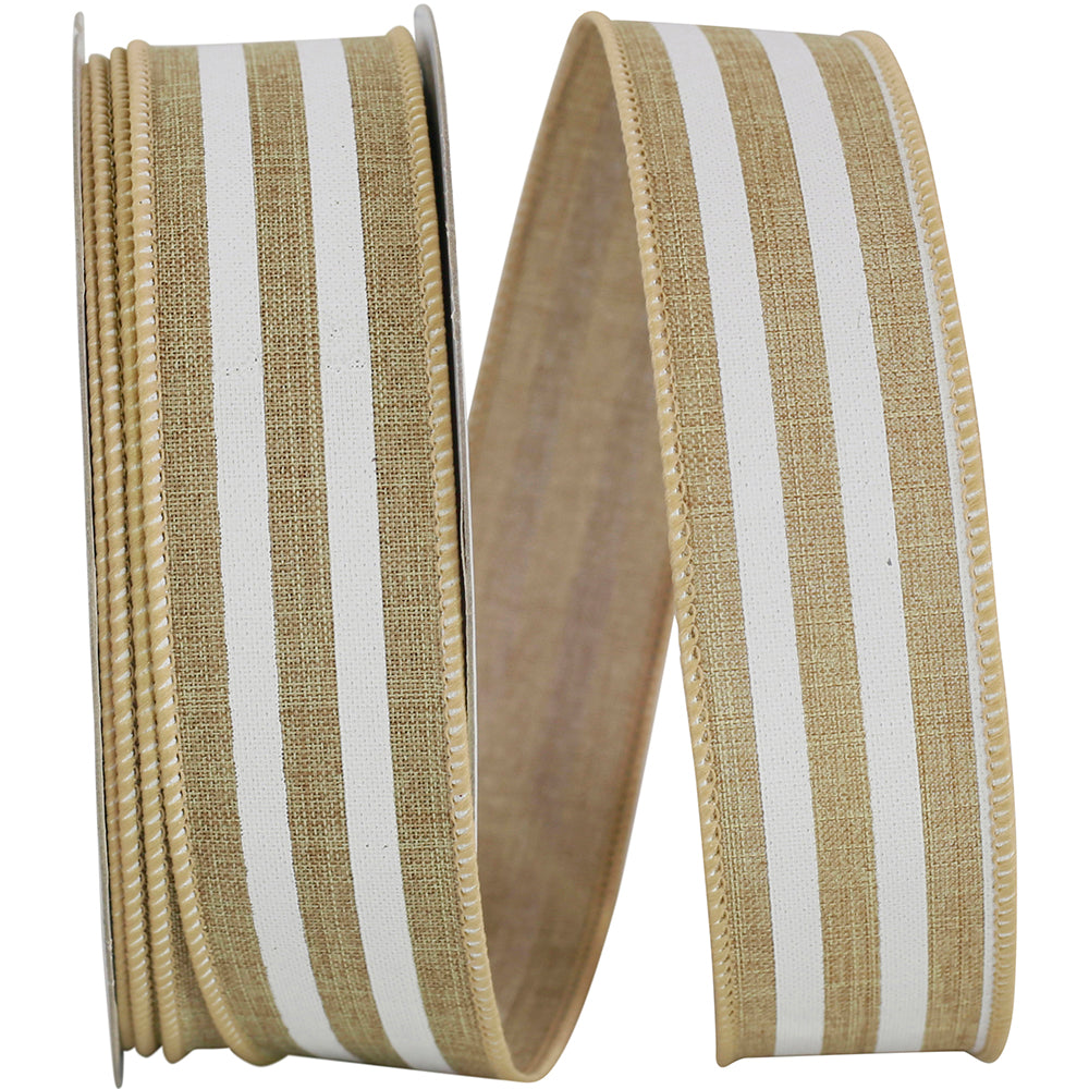 Natural 1-1 2 Inch Bold Stripe Linen Solid Wired Edge Ribbon for Wreaths & Bows
