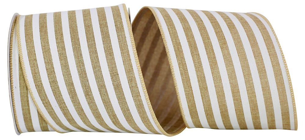 Natural 4 Inch Bold Stripe Linen Solid Wired Edge Ribbon for Wreaths & Bows