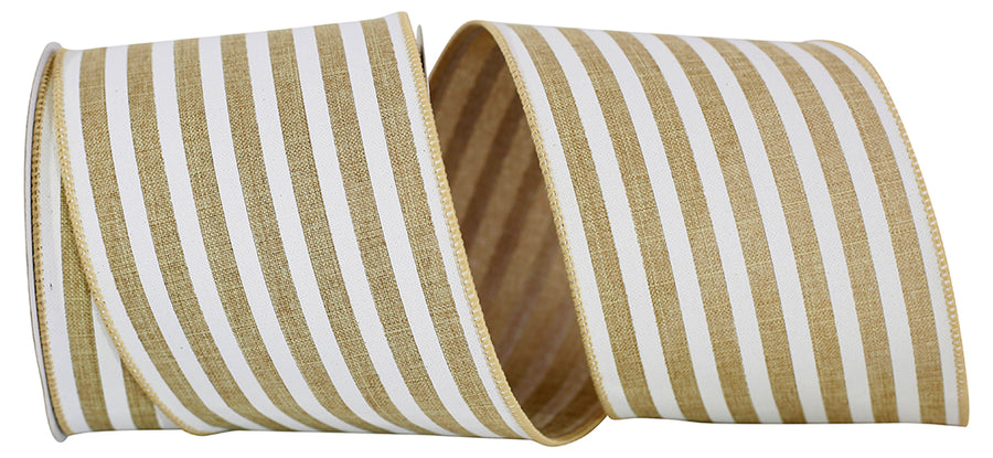 Natural 4 Inch Bold Stripe Linen Solid Wired Edge Ribbon for Wreaths & Bows