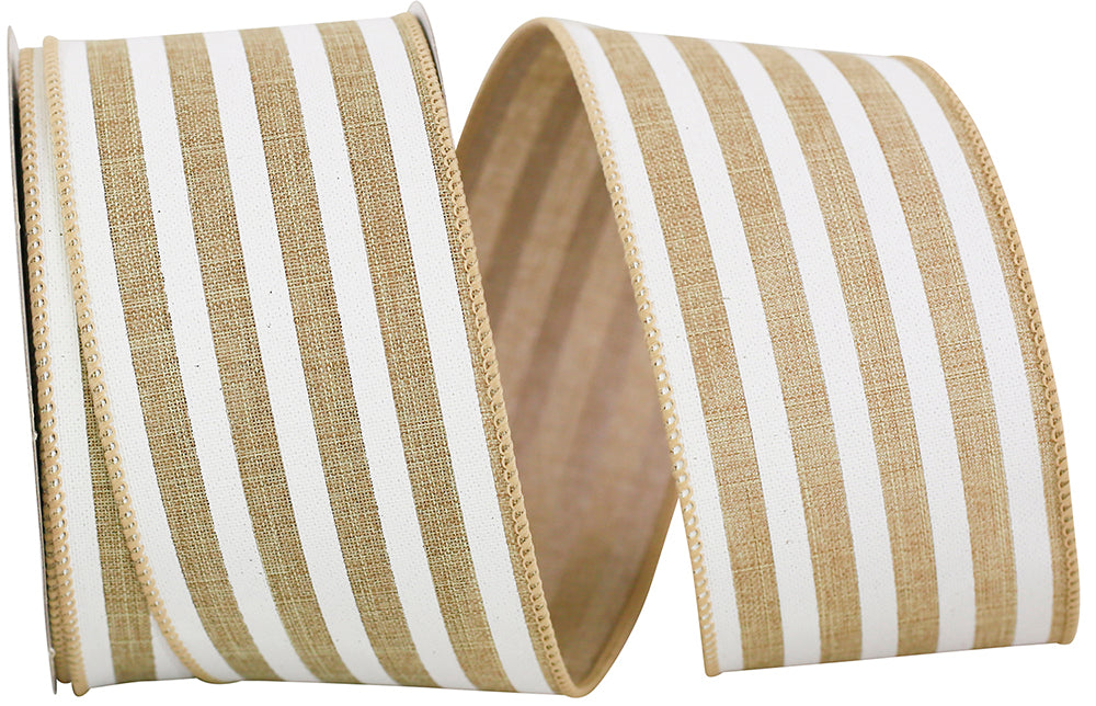 Natural 2-1 2 Inch Bold Stripe Linen Solid Wired Edge Ribbon for Wreaths & Bows