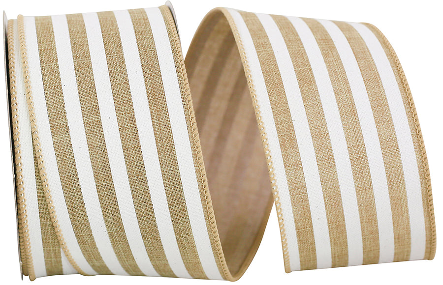 Natural 2-1 2 Inch Bold Stripe Linen Solid Wired Edge Ribbon for Wreaths & Bows