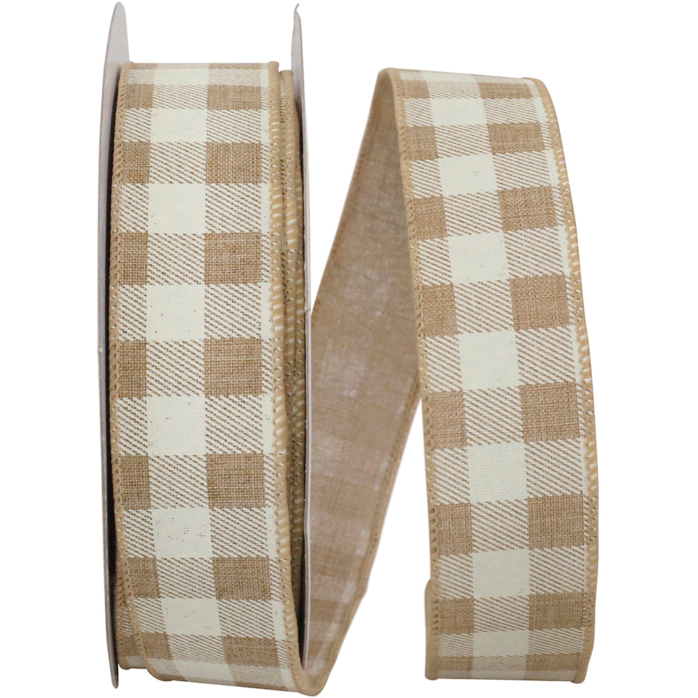 Natural 1-1 2 Inch Twill Check Print Linen Wired Edge Ribbon for Wreaths & Bows