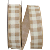 Natural 1-1 2 Inch Twill Check Print Linen Wired Edge Ribbon for Wreaths & Bows
