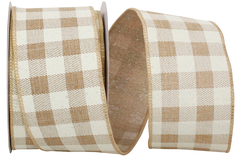 Natural 2-1 2 Inch Twill Check Print Linen Wired Edge Ribbon for Wreaths & Bows