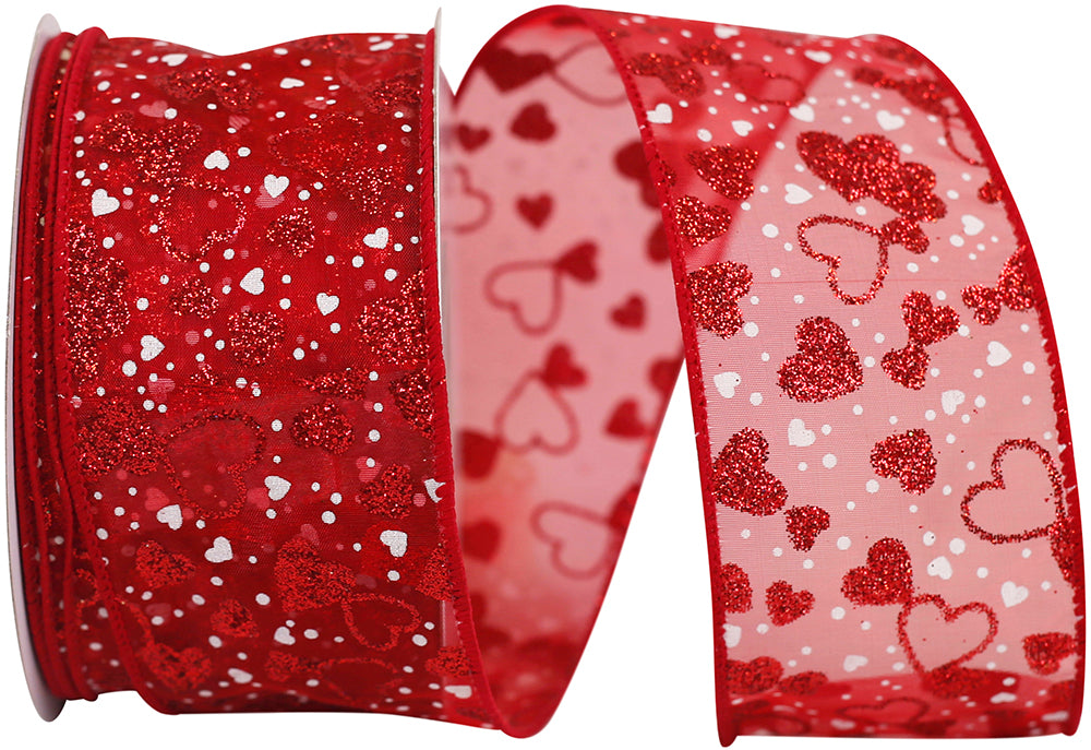 Red Sheer Glitter Ribbon with White Hearts 2-1/2 Inch