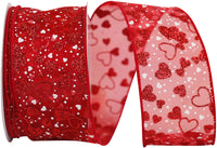 Red Sheer Glitter Ribbon with White Hearts 2-1/2 Inch