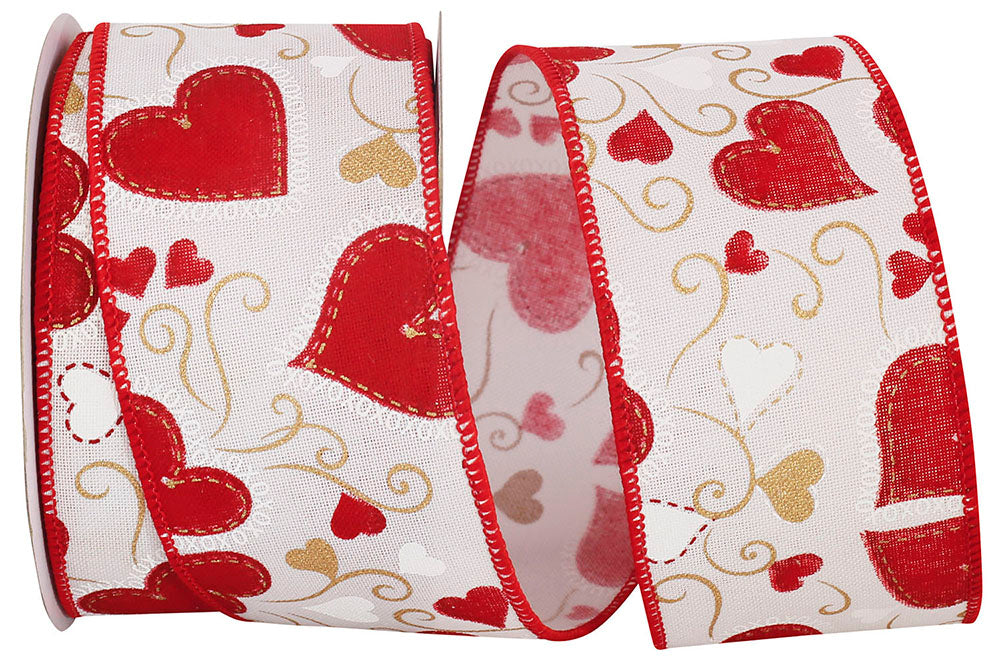 Multi 2-1 2 Inch Exquisite Hearts Scroll Linen Wired Edge Ribbon for Wreaths & Bows