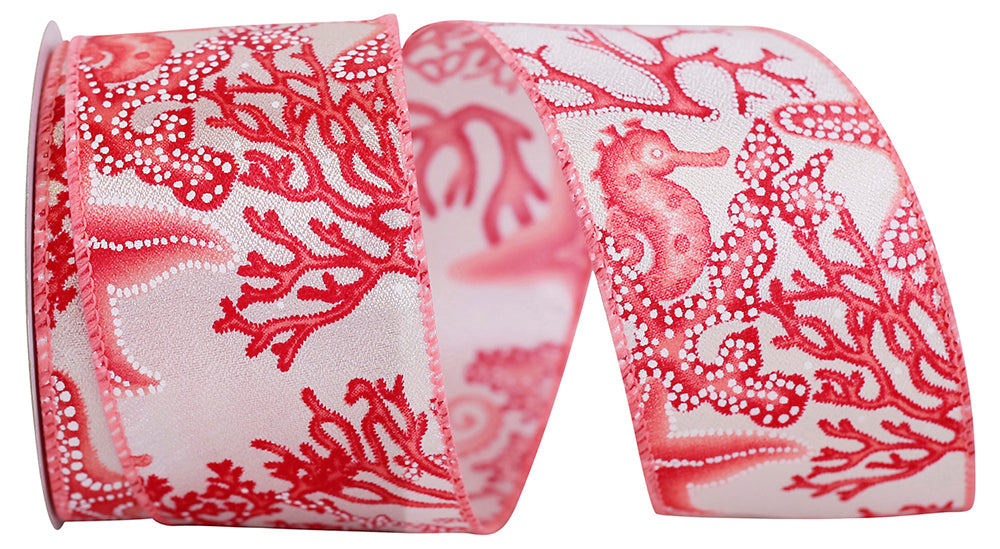Coral 2-1 2 Inch Sea Horses, Stars And Coral Wired Edge Ribbon for Wreaths & Bows