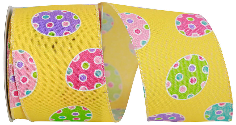 Yellow 2-1 2 Inch Eggs-Cellent Easter Linen Wired Edge Ribbon for Wreaths & Bows