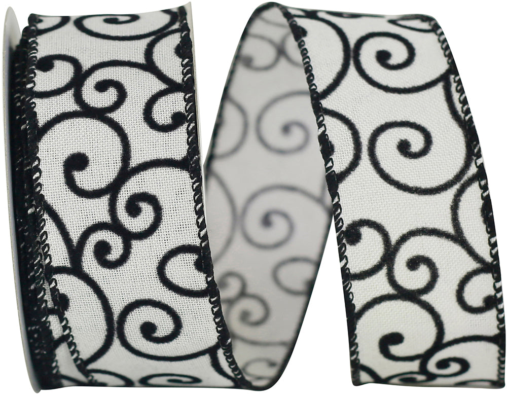 Black White 1-1 2 Inch Black And White Swirl Linen Wired Edge Ribbon for Wreaths & Bows