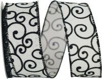 Black White 1-1 2 Inch Black And White Swirl Linen Wired Edge Ribbon for Wreaths & Bows