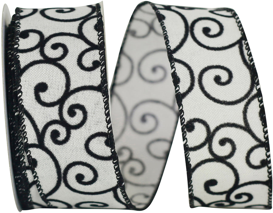 Black White 1-1 2 Inch Black And White Swirl Linen Wired Edge Ribbon for Wreaths & Bows