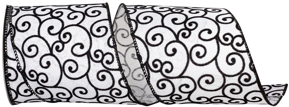 Black White 4 Inch Black And White Swirl Linen Wired Edge Ribbon for Wreaths & Bows