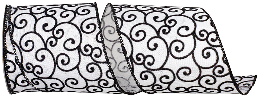 Black White 4 Inch Black And White Swirl Linen Wired Edge Ribbon for Wreaths & Bows