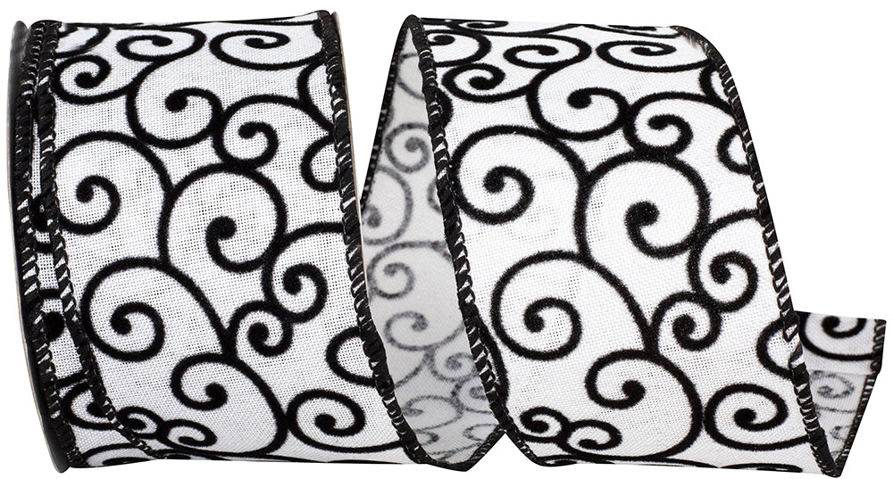 Black White 2-1 2 Inch Black And White Swirl Linen Wired Edge Ribbon for Wreaths & Bows