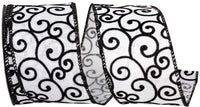 Black White 2-1 2 Inch Black And White Swirl Linen Wired Edge Ribbon for Wreaths & Bows