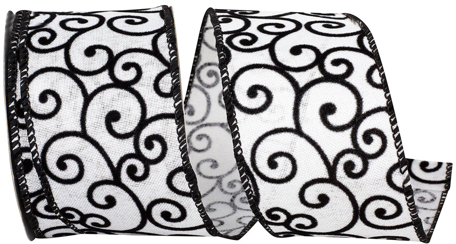 Black White 2-1 2 Inch Black And White Swirl Linen Wired Edge Ribbon for Wreaths & Bows