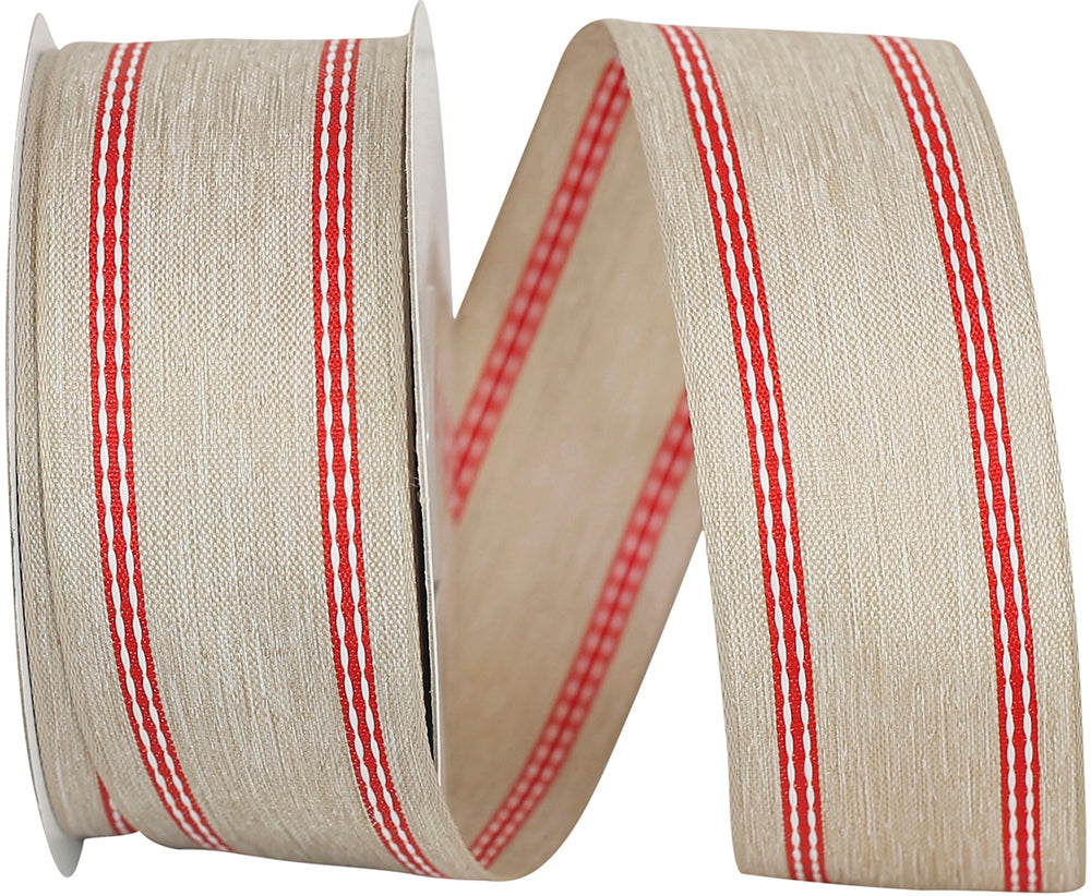 Linen Wired Edge Ribbon Natural Red 1-1/2 Inch for Bows