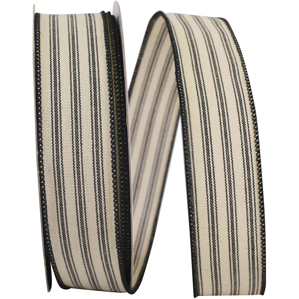 Black 1-1 2 Inch Ticking Linen Stripe Wired Edge Ribbon for Wreaths & Bows