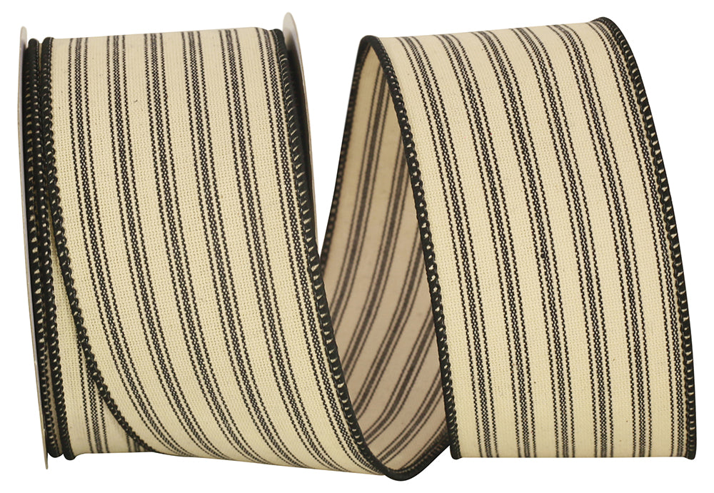 Black 2-1 2 Inch Ticking Linen Stripe Wired Edge Ribbon for Wreaths & Bows