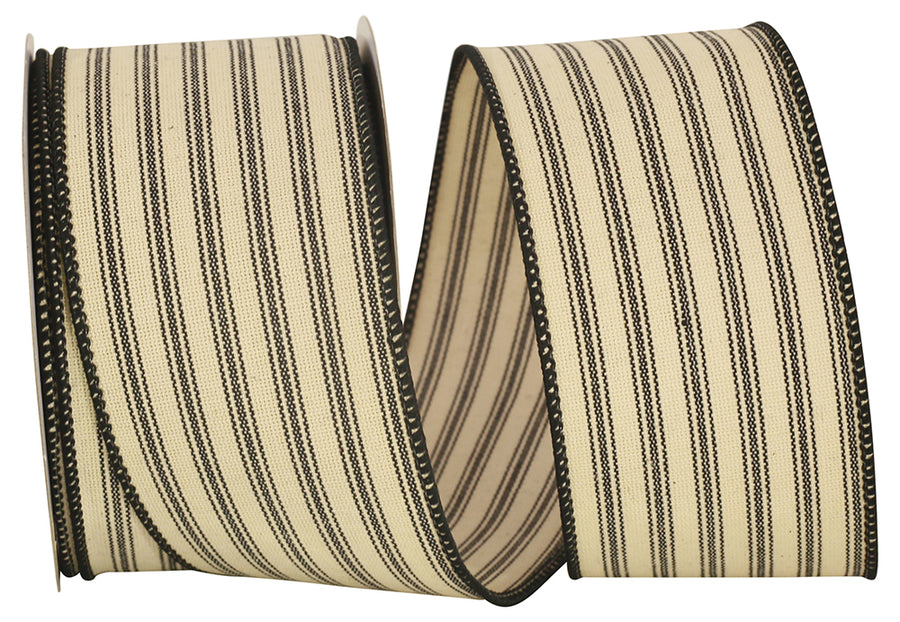 Black 2-1 2 Inch Ticking Linen Stripe Wired Edge Ribbon for Wreaths & Bows
