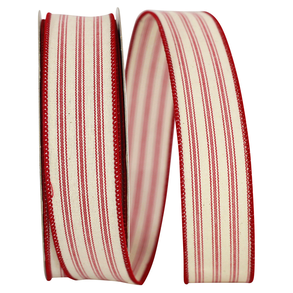 Red 1-1 2 Inch Ticking Linen Stripe Wired Edge Ribbon for Wreaths & Bows