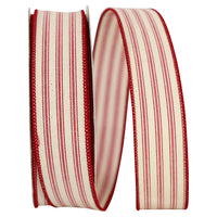 Red 1-1 2 Inch Ticking Linen Stripe Wired Edge Ribbon for Wreaths & Bows