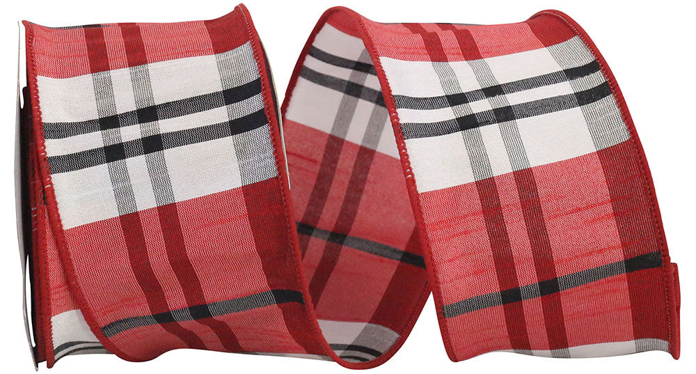 Dupioni Plaid Wired Edge Ribbon Red Black 2-1/2 Inch