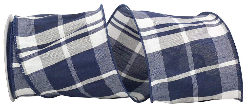 Dupioni Plaid Wired Edge Ribbon Navy White 4 Inch 10 Yards
