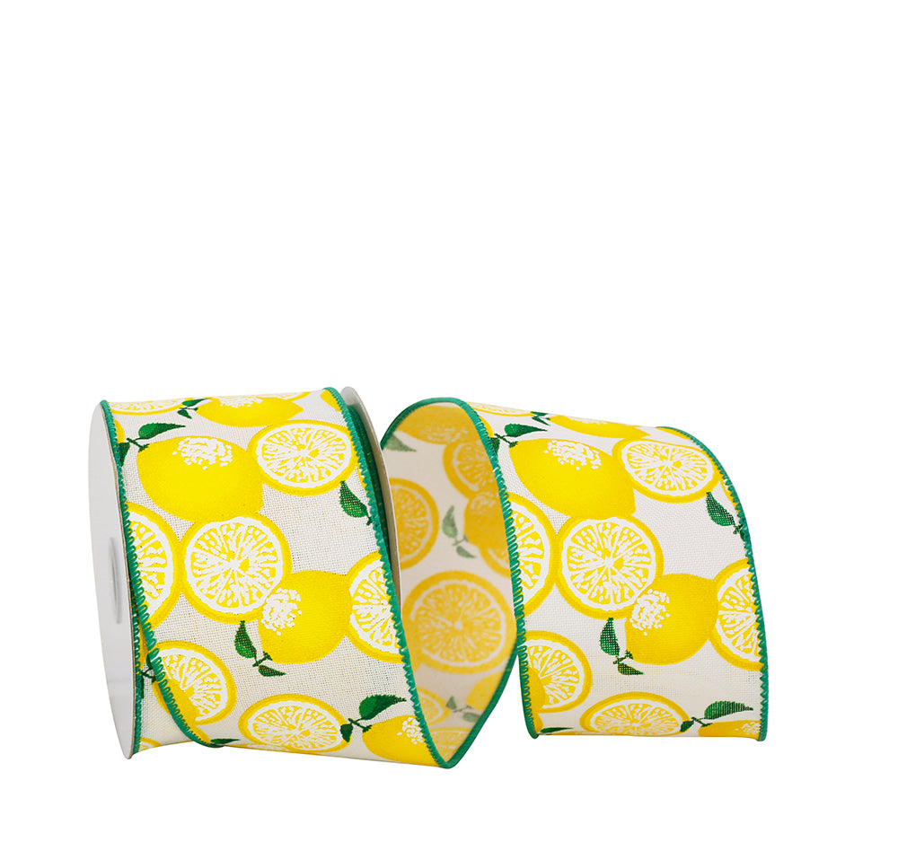 White Green 2-1 2 Inch Lemons Linen Wired Edge Ribbon Rd for Wreaths & Bows