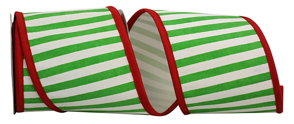 Green White 4 Inch Railroad Stripes Deluxe Folded Red Heavy Wired Edge Ribbon for Wreaths & Bows