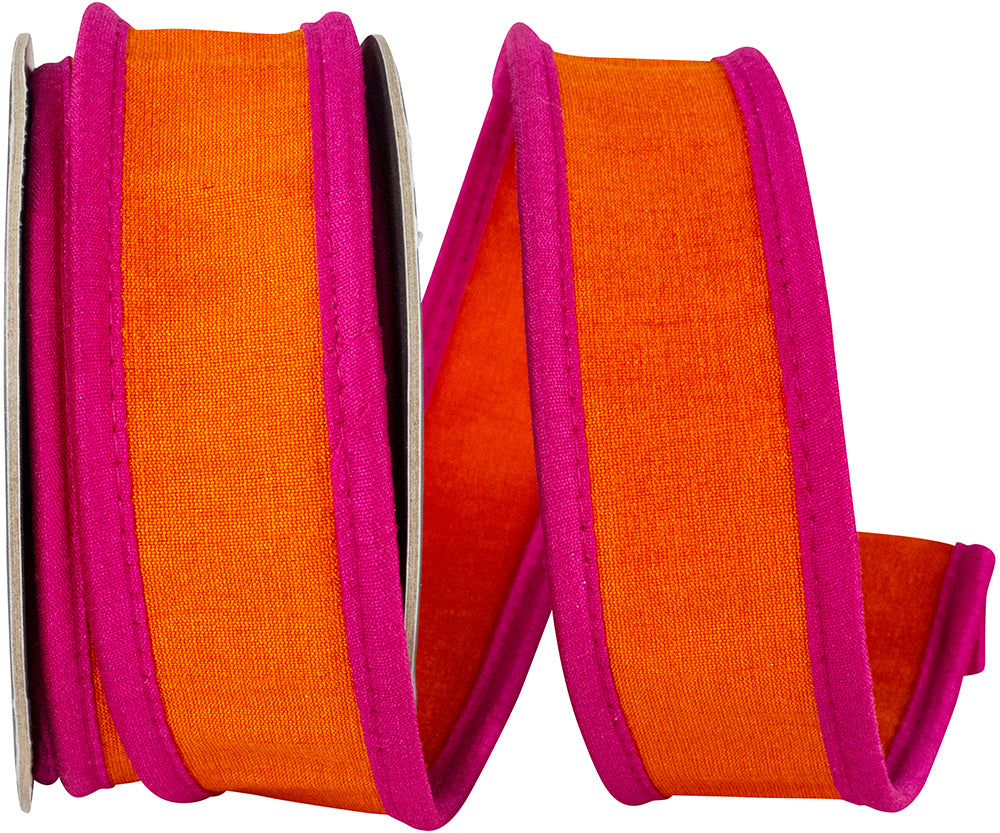 Orange Fuchsia 1-1 2 Inch Deluxe Dupioni Folded Heavy Wired Edge Ribbon for Wreaths & Bows