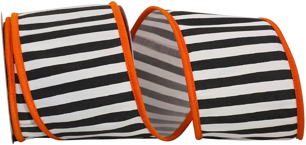 Black White 4 Inch Railroad Striped Deluxe Folded Orange Heavy Wired Edge Ribbon for Wreaths & Bows