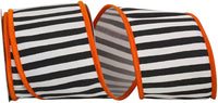 Black White 4 Inch Railroad Striped Deluxe Folded Orange Heavy Wired Edge Ribbon for Wreaths & Bows