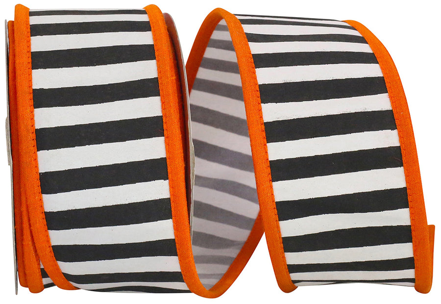 Black White 2-1 2 Inch Railroad Striped Deluxe Folded Orange Heavy Wired Edge Ribbon for Wreaths & Bows