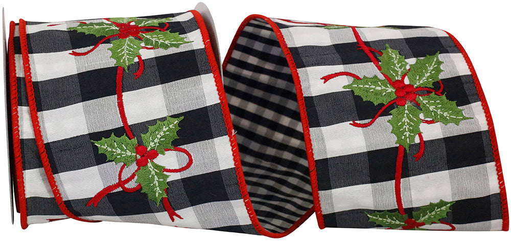 Holly Embroidery Black White 4 Inch Wired Edge Ribbon