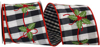 Holly Embroidery Black White 4 Inch Wired Edge Ribbon