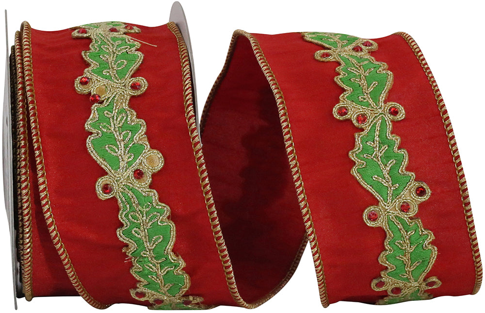 Red Green 2-1 2 Inch Holly Leaf Jewel Embroidery Overlay Dupioni Wired Edge Ribbon for Wreaths & Bows