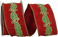 Red Green 2-1 2 Inch Holly Leaf Jewel Embroidery Overlay Dupioni Wired Edge Ribbon for Wreaths & Bows