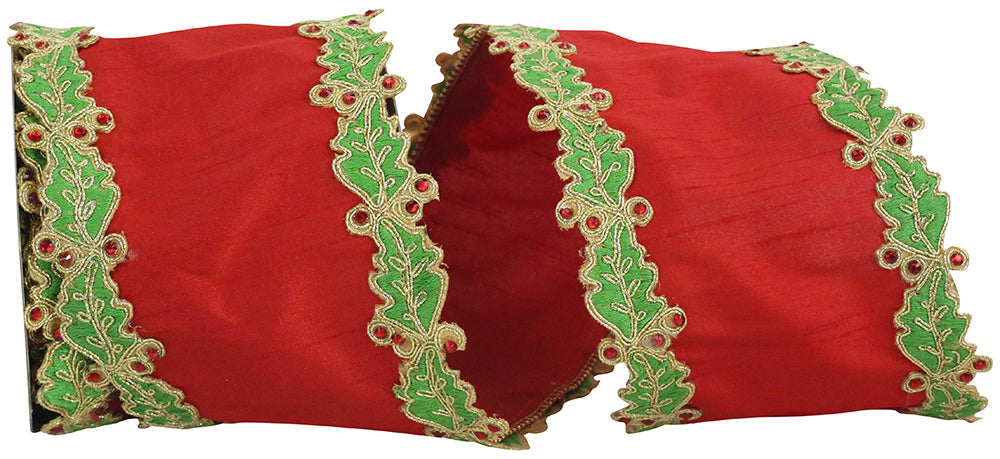Red Green 4 Inch Holly Leaf Jewel Embroidery Edge Overlay Dupioni Wired Edge Ribbon for Wreaths & Bows